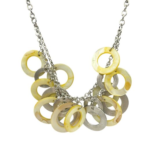 Silver Tone and Shell Multi Disk Necklace Adjustable 18-21 inches Pale Yellow - Picture 2 of 7